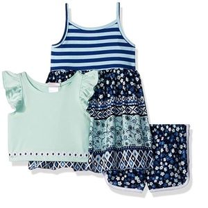 Printed Sleeveless Dress, Popover Top & Shorts Set